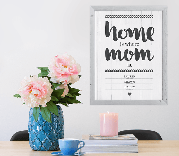 beautiful room with flowers and a framed Home Is Where Mom Is personalized print on the wall