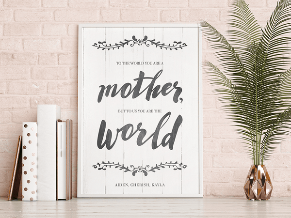 You Are The World personalized print framed and displayed in a feminine contemporary room