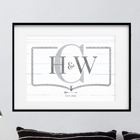 Initials for him and her set withing a larger initial signifying the last name. EST. date below.