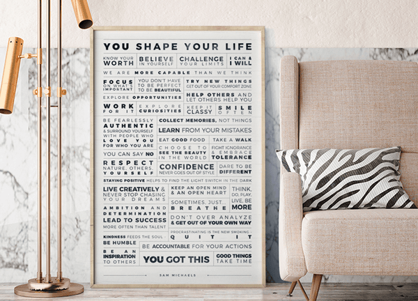 Manifesto Grid Personalized Print in a blush and marble room