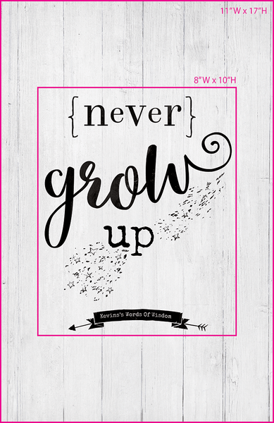 Visual of framed sizes on the personalized Never Grow Up print