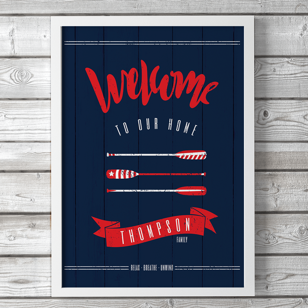 Nautical Welcome sign with white and red design on navy. Personalize with your family name and reads "Welcome to our home"