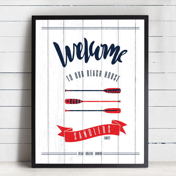 Welcome to our beach house personalize print. Nautical design in red, navy and white.