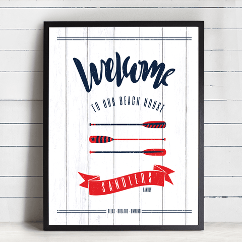 Welcome to our beach house personalize print. Nautical design in red, navy and white.