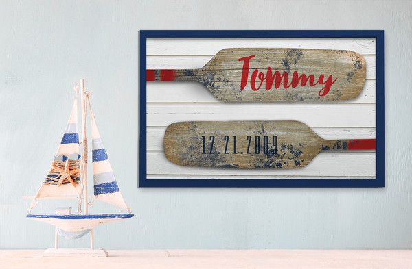 shelf in a rustic children's room with nautical theme and Paddles print on the wall