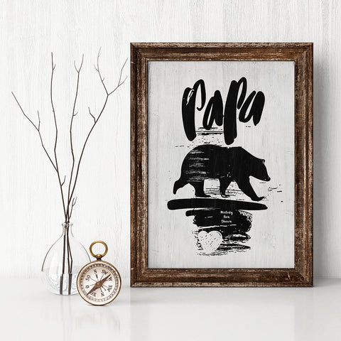 Rustic room with a framed personalized Papa Bear print
