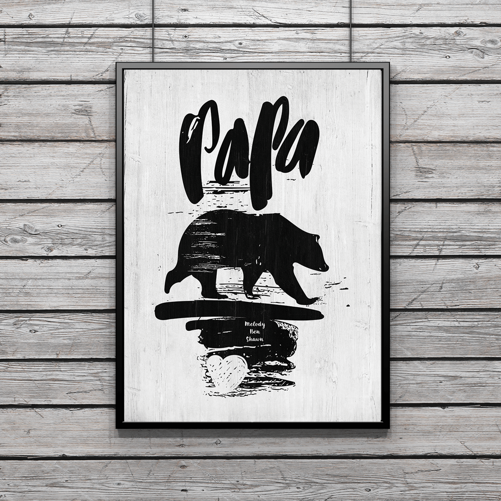 brushed lettering "papa" and brushed image of "bear". Personalize it with names below. 