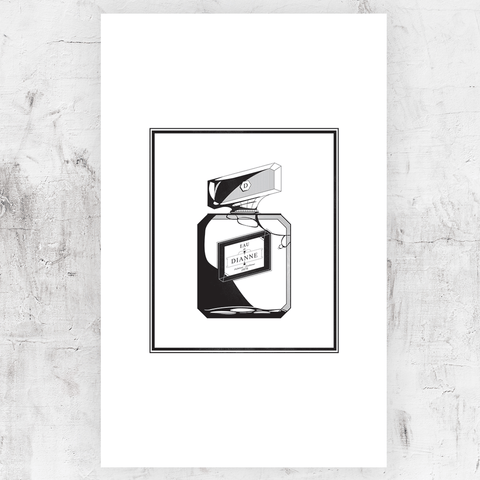 Black and white drawing of a perfume bottle with personalization on the cap and label!