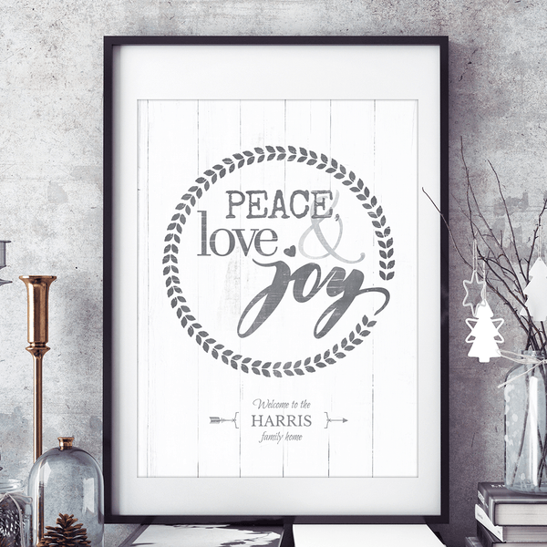 Rustic, holiday themed personalized print with words Peace, love & joy. Add your family name to this print and display in your decor for the holidays!