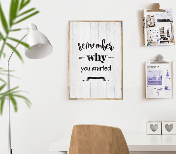 Modern home office with the Remember Why You Started personalized print 