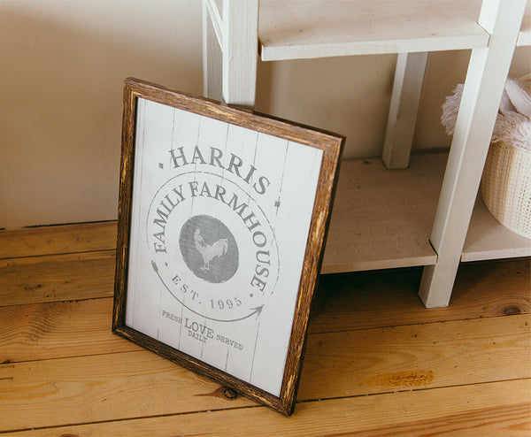 Family Farmhouse Personalized Print, framed and displayed in a rustic home