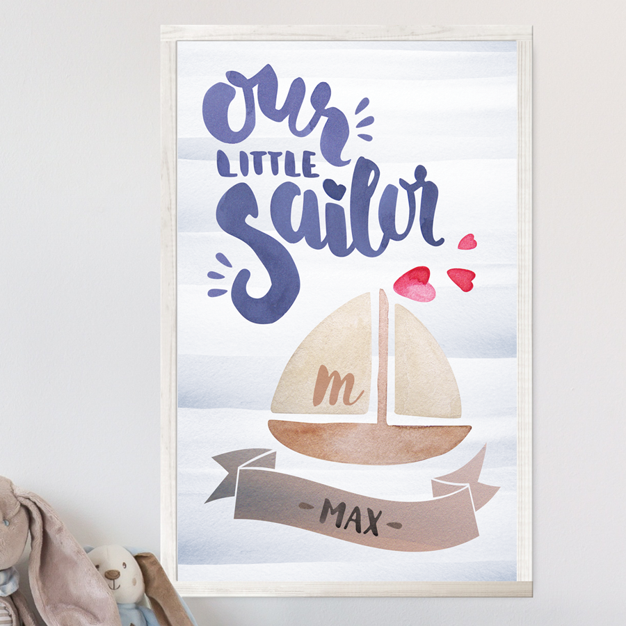 Our Little Sailor print with a sail boat and hearts. Personalized with name in a decorative banner below and the initial in the sail.