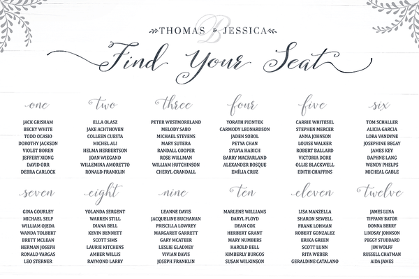 Rustic Seating Chart Personalized Print with table numbers written out