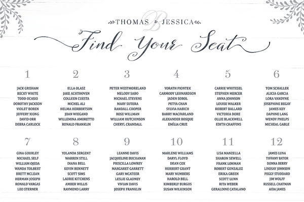 Rustic Seating Chart Personalized Print with numbered tables