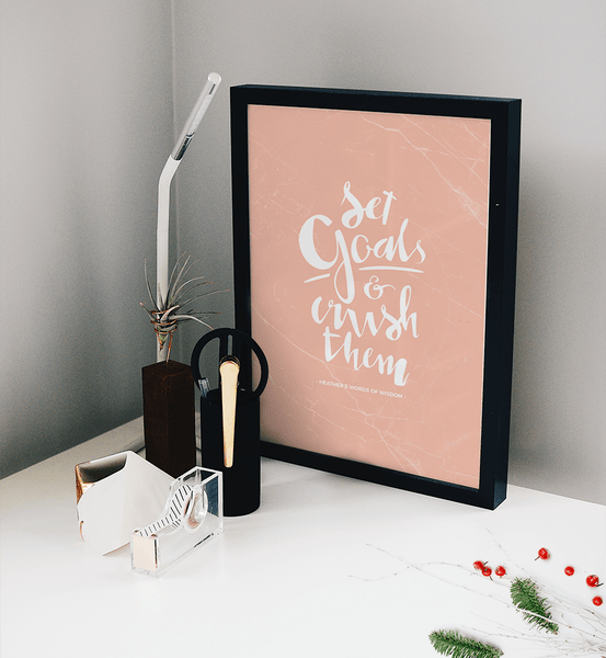 Set Goals & Crush Them Personalized Print in a modern black and white workspace