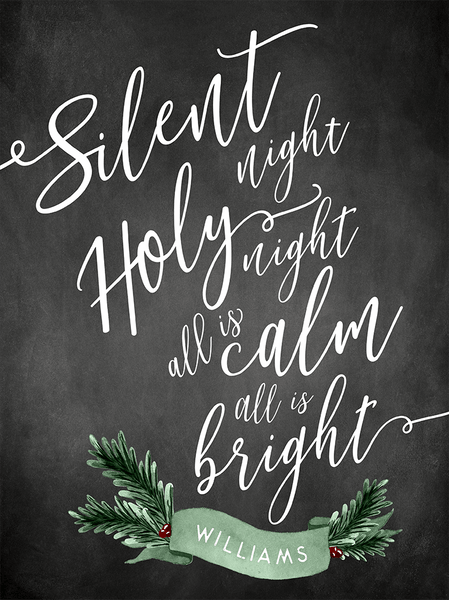 close up showing detail of chalkboard and brush lettering and the personalilzation on the Silent Night Christmas sign