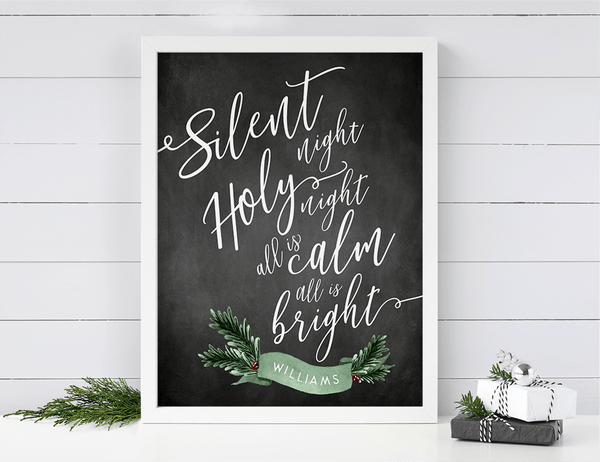 Silent Night personalized print against a shiplap wall in a farmhouse home decor