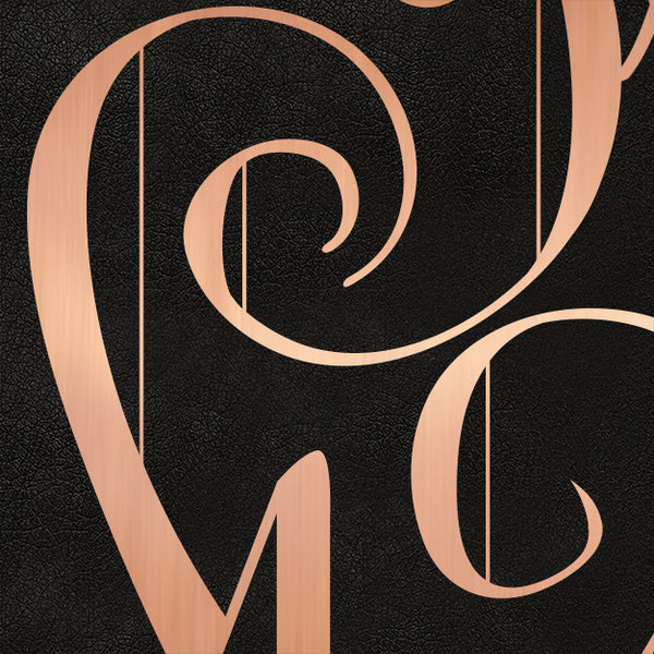 detail preview of the leather texture behind copper letters
