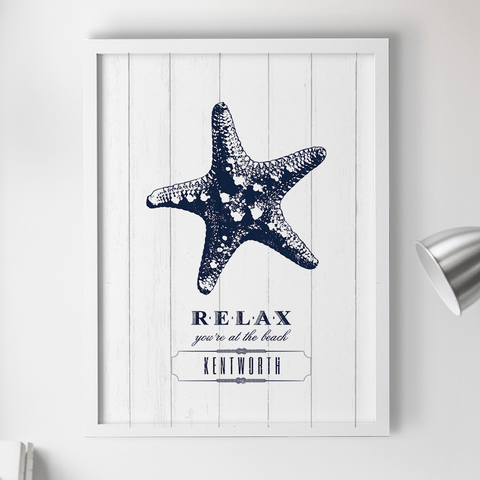 rustic drawing of a starfish with text "Relax you're at the beach". Personalize it with your name underneath.