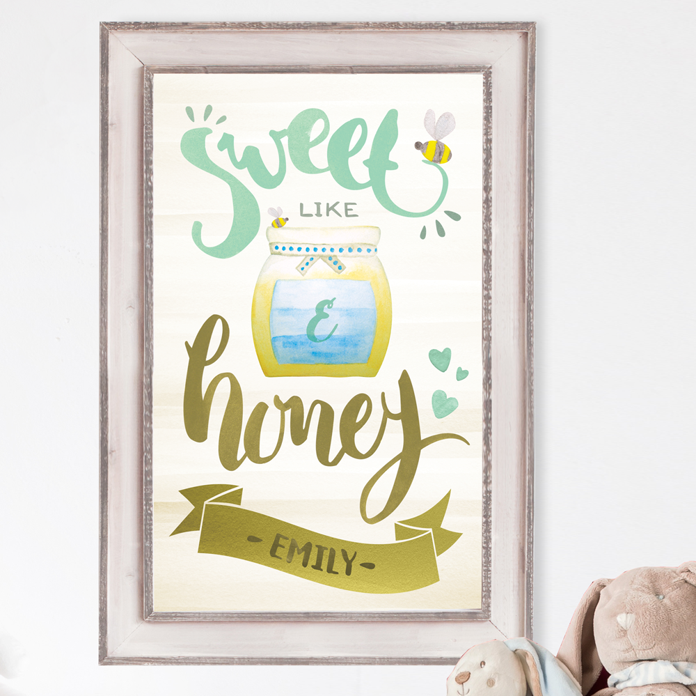 Sweet Like Honey brushed lettering around a jar of honey. Place your child's initial on the jar label and full name in a decorative band below.
