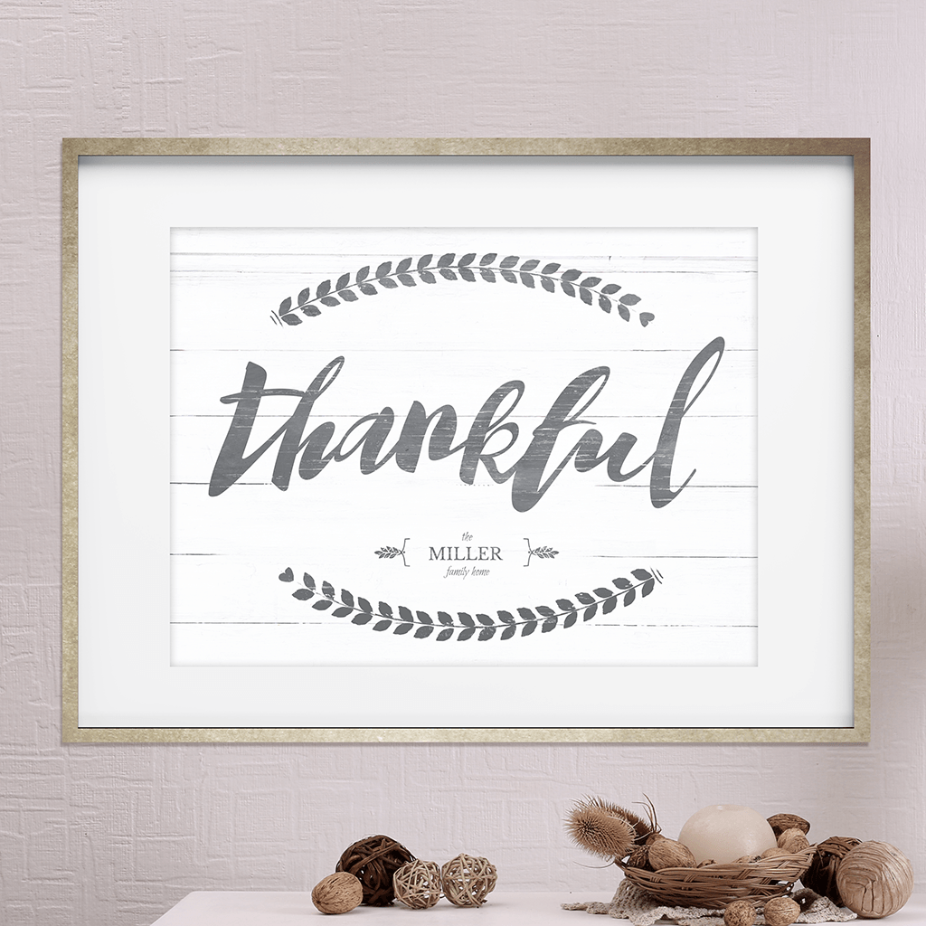 Vintage looking personalized print with "thankful" in brush script