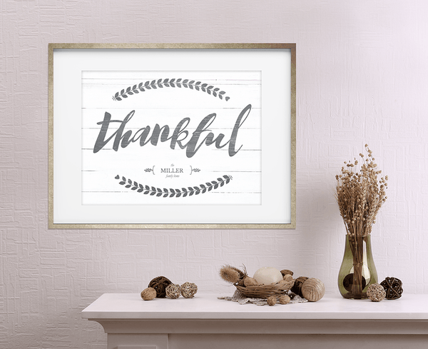 fall decor with a framed Thankful print on the wall