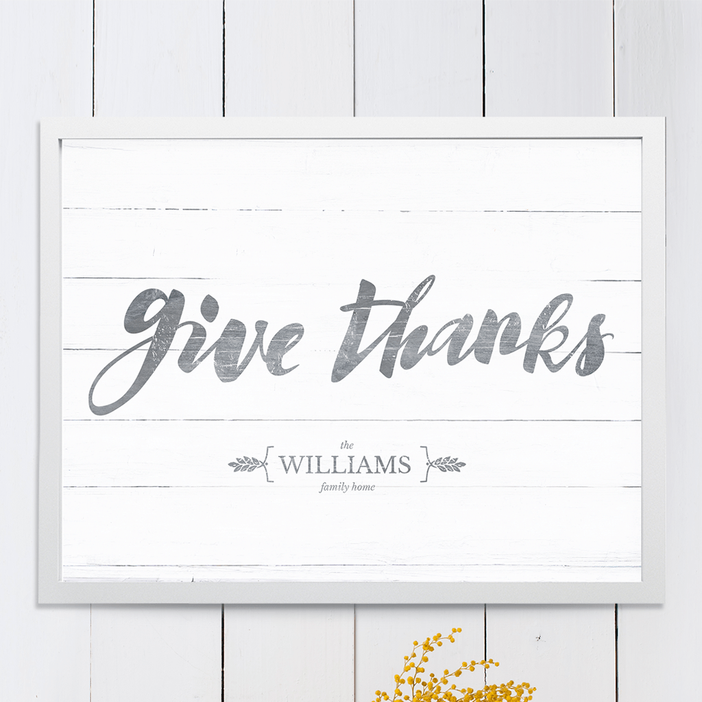 Give Thanks personalized print. Have your family name displayed in the brackets under the beautiful brush lettering.