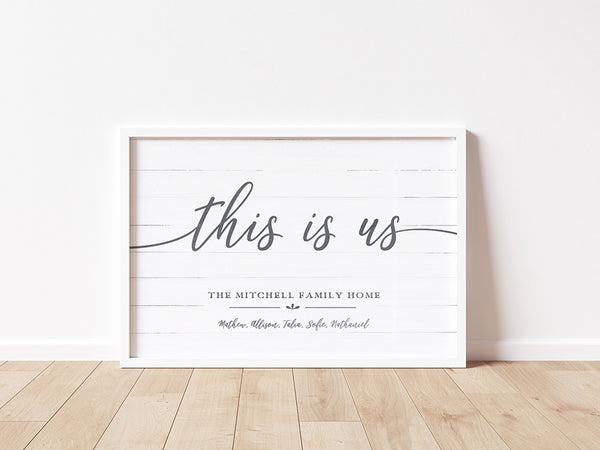 This Is Us personalized print in a modern white frame sitting on a floor