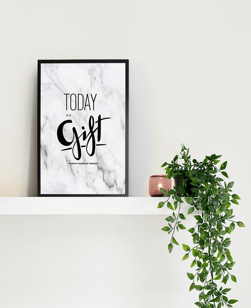 Today Is A Gift Personalized Print framed in a black frame on a shelf