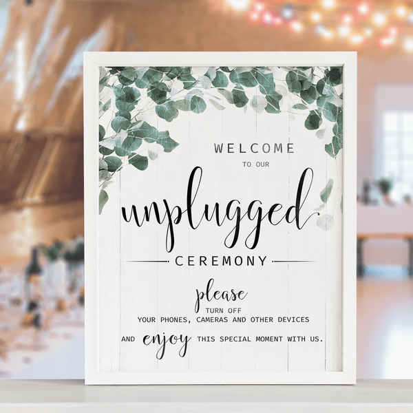 Unplugged Ceremony - Foliage print displayed at a rustic wedding