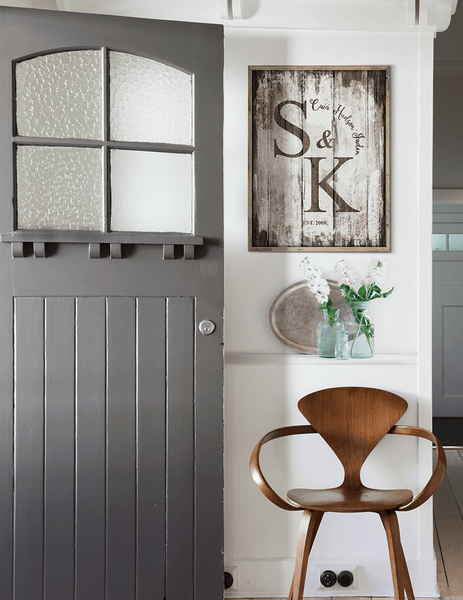 Modern farmhouse entryway with Vintage Family personalized print framed on the wall