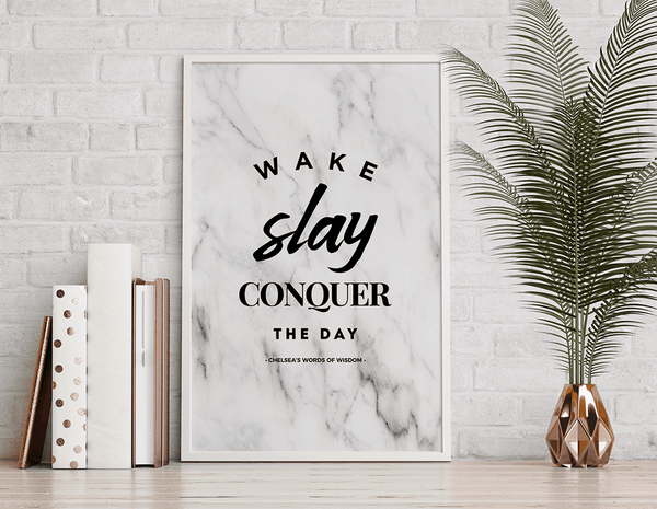 boho styled room with copper accents and Wake Slay Personalized Print in a white frame
