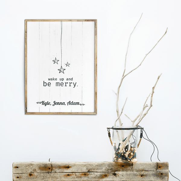 Skandinavian inspired decor with Wake Up And Be Merry personalized print framed on the wall