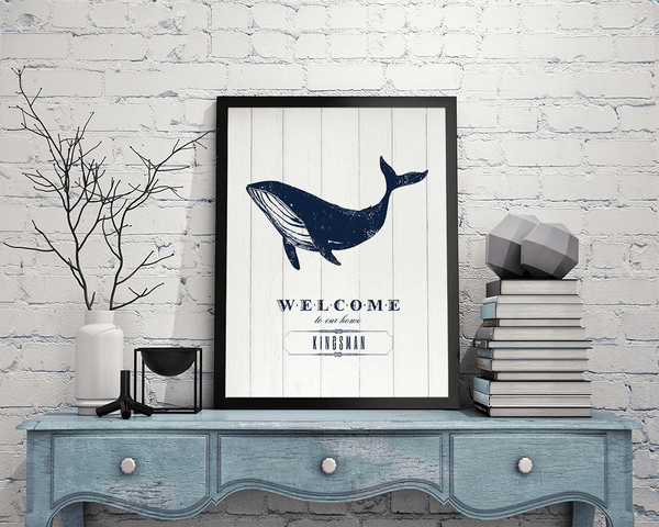 rustic room with Whale Welcome print on a vintage shelf