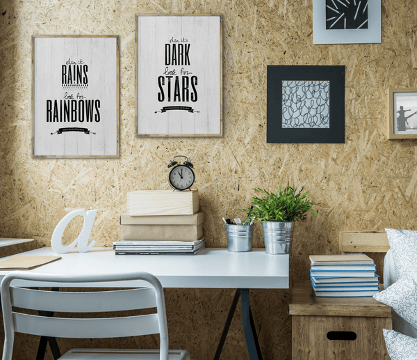 print shown paired up with "When it rains look for rainbows" in a neutral teen room