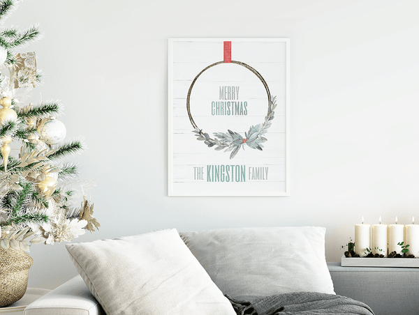 Xmas Wreath Personalized Print displayed in a minimalist, white decor home decorated for Christmas