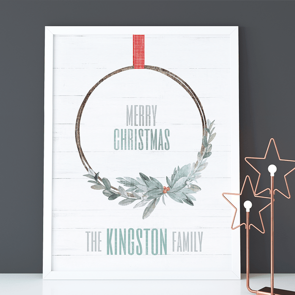 Xmas Wreath Personalized Print. A beautiful boho wreath in winter colors
